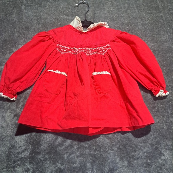 Polly Flinders Other - VTG Polly Flinders Red Smocked Dress Girls 12M Lace Collar Long Sleeve Pockets